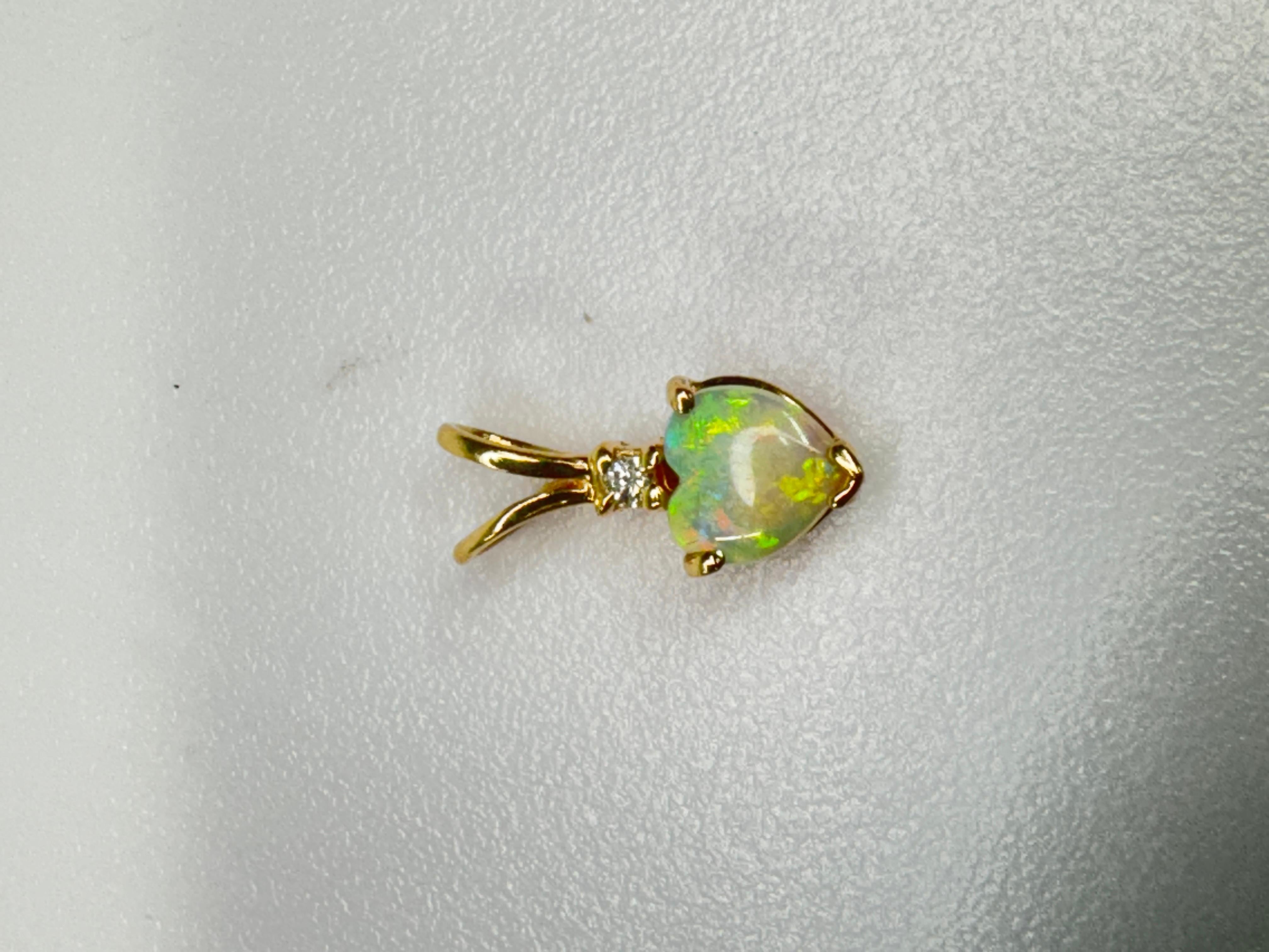 Yellow Gold Australian Opal Heart Diamond Petite Pendant For Sale 4