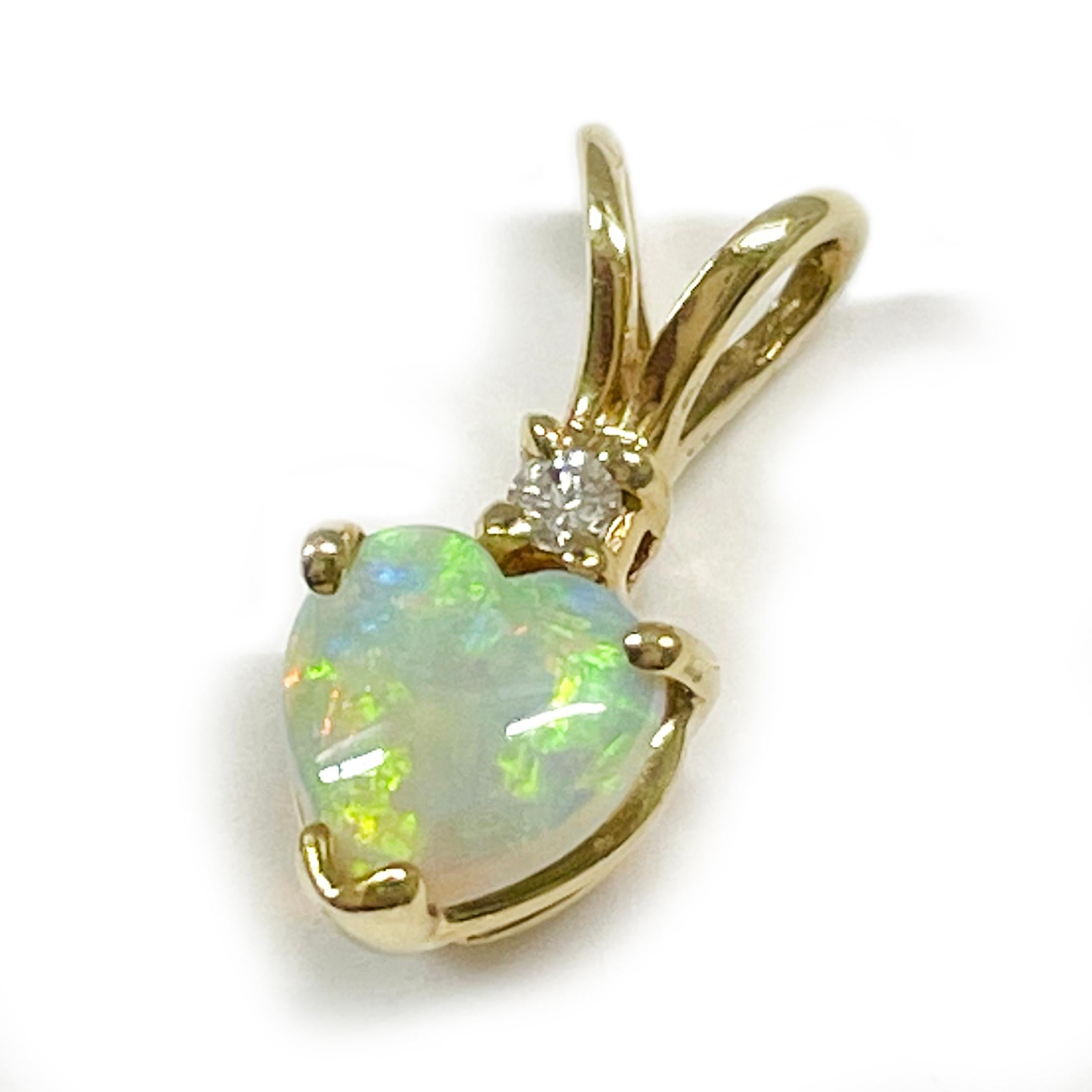 Contemporary Yellow Gold Australian Opal Heart Diamond Petite Pendant For Sale