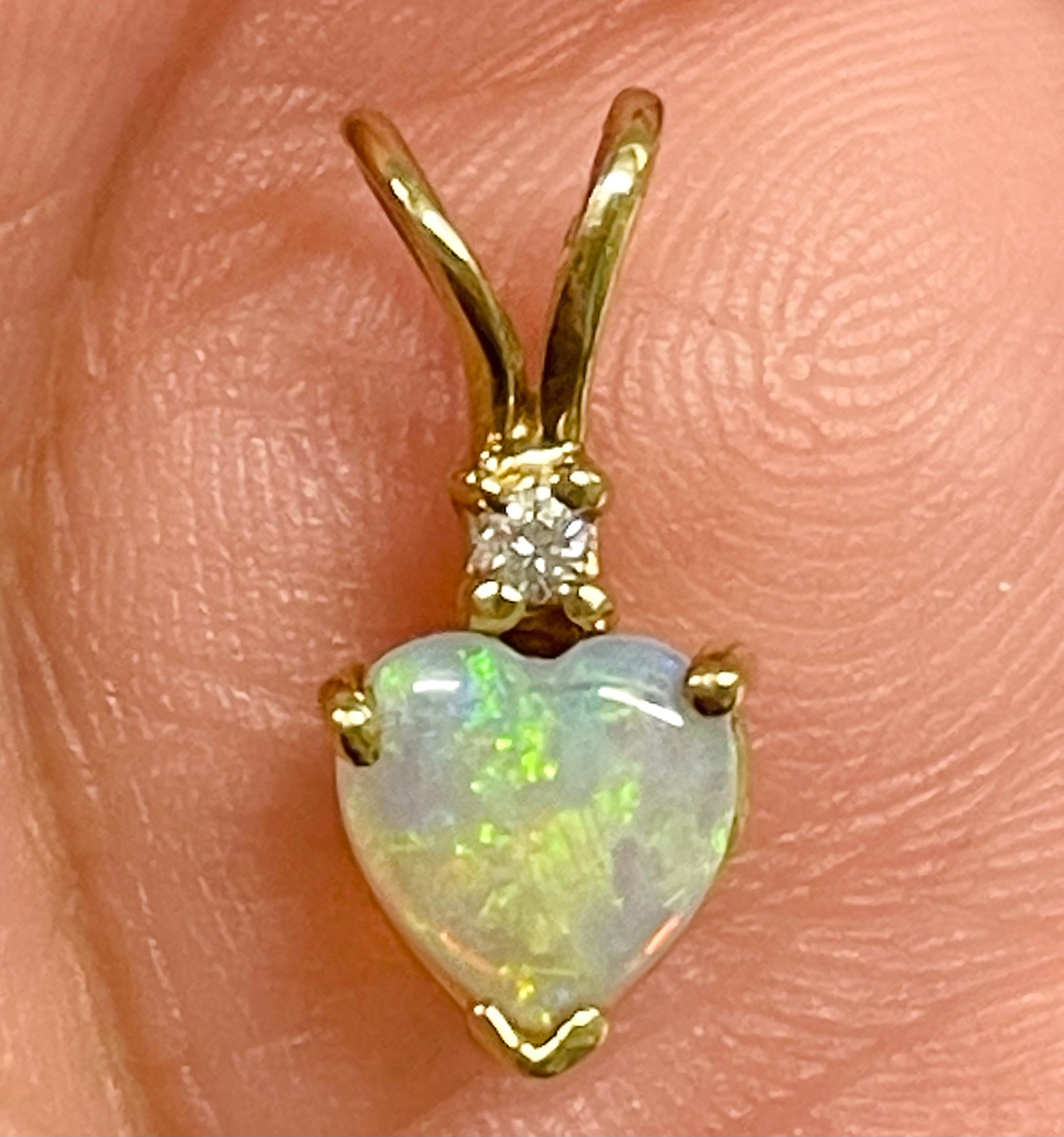 Yellow Gold Australian Opal Heart Diamond Petite Pendant In Good Condition For Sale In Palm Desert, CA