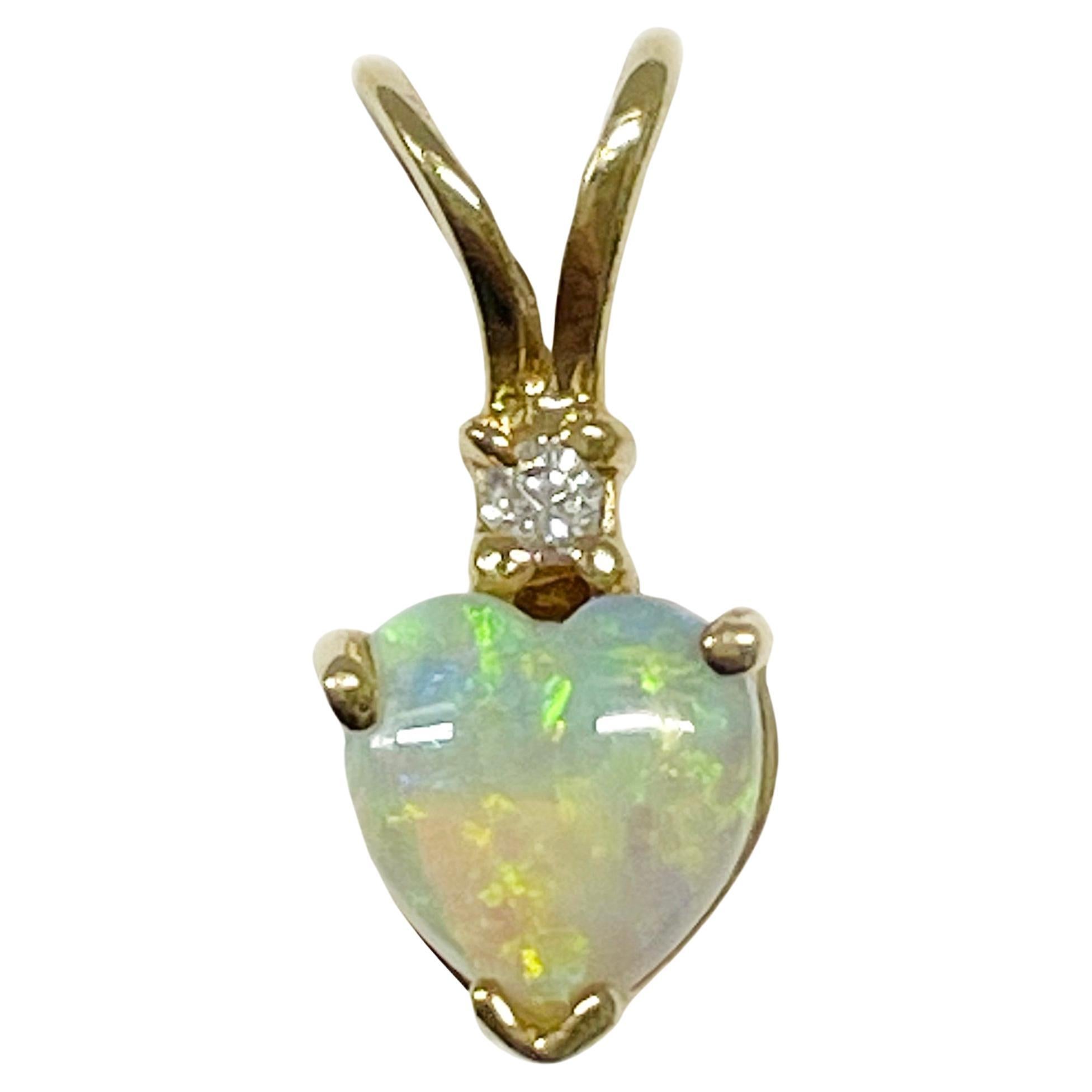 Yellow Gold Australian Opal Heart Diamond Petite Pendant For Sale