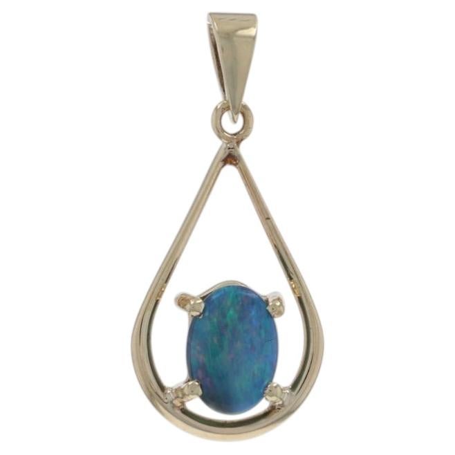 Yellow Gold Australian Opal Solitaire Pendant - 10k Oval Cabochon .70ct For Sale