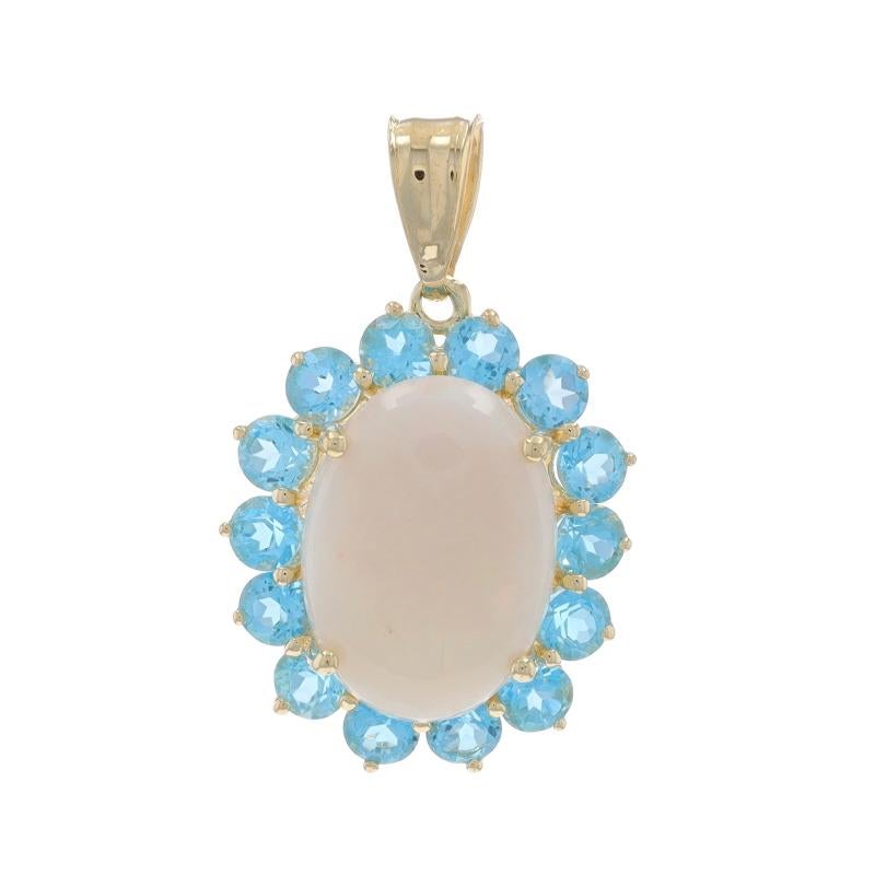 Contenu du métal : Or jaune 14k

Informations sur les pierres

Opale d'Australie
Carat(s) : 2.27CT
Coupe : Cabochon ovale
Couleur : Whiting avec vert, bleu, rouge

Véritable topaze bleue suisse
Carat(s) : 1.40TCW
Coupe : Ronde
Couleur : bleu