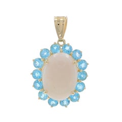 Yellow Gold Australian Opal Swiss Blue Topaz Halo Pendant 14k Cab 3.67ctw Floral