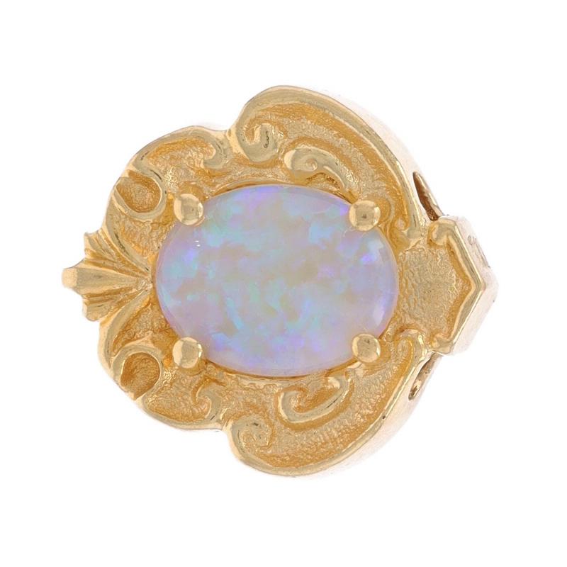 Design:  slide charm
Era: Vintage

Metal Content: 14k Yellow Gold

Stone Information

Natural Australian Opal
Carat(s): 1.30ct
Cut: Oval Cabochon

Total Carats: 1.30ct

Style: Solitaire Slide

Measurements

Tall: 19/32