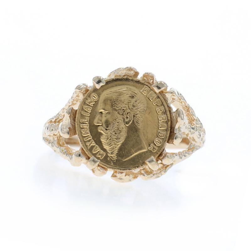 Dimensioni: 5 1/4
Tassa sulle taglie: Up & Up 3 taglie per $35 o Down 2 taglie per $35

Design:  1865 Peso messicano Maximiliano Emperador

Contenuto del metallo: Oro giallo 14k e moneta 22k

Stile: Dichiarazione

Misure

Altezza della faccia (da