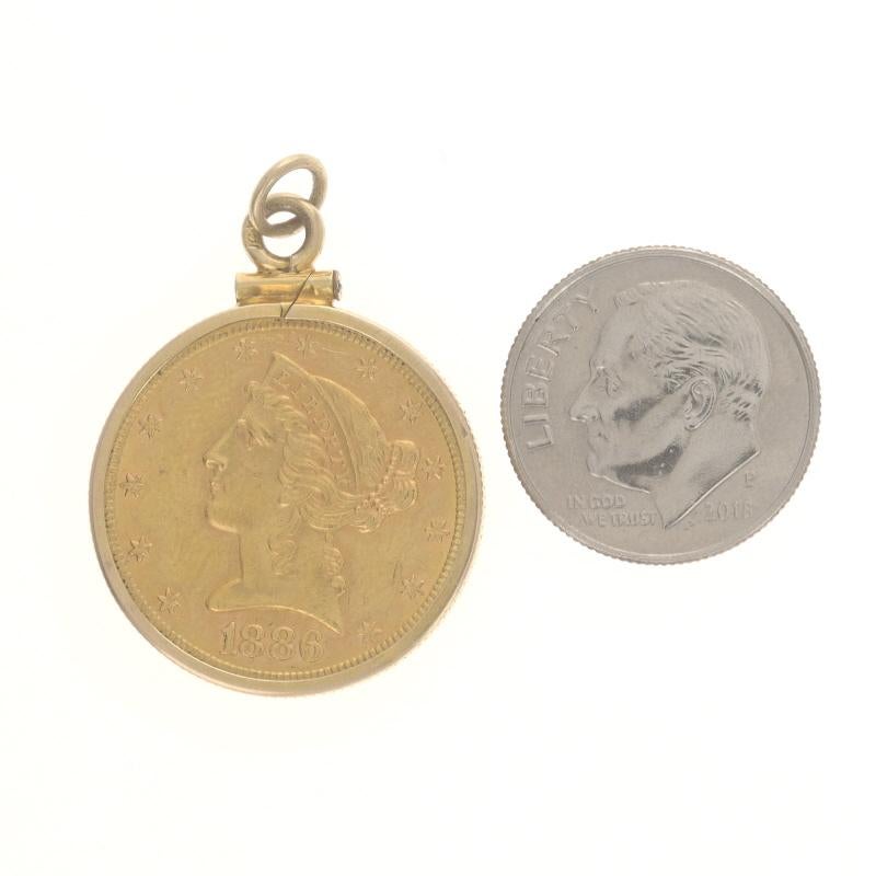 Gelbgold Authentischer 1886 Liberty Head $5 Münze-Anhänger 14k & 90% US-Dollar Currency im Zustand „Hervorragend“ in Greensboro, NC