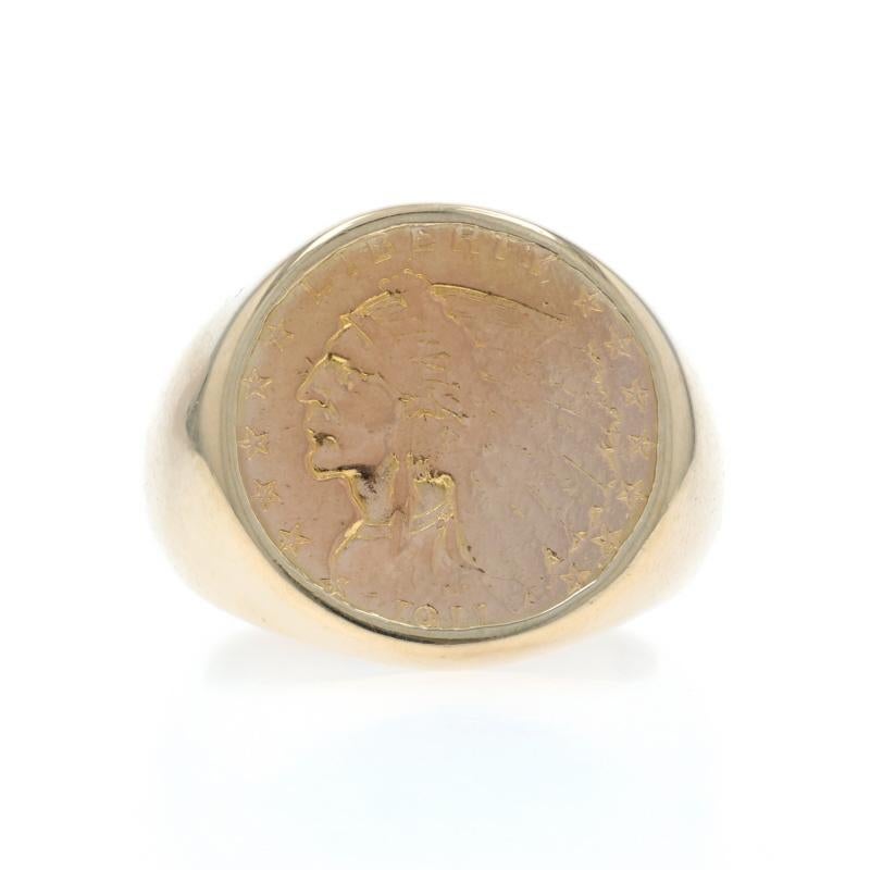 Dimensione: 8
Costo della taglia: Up 2 taglie per $100 o Down 1 taglia per $80

Design:  $2,50 Aquila indiana del quarto di dollaro 1911

Contenuto del metallo: Oro giallo 14k e moneta d'oro .900

Stile: Dichiarazione

Misure

Altezza della faccia