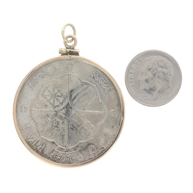 Women's or Men's Yellow Gold Authentic 1966 Spanish 100 Pesetas Coin Pendant - 14k & 800 Silver For Sale