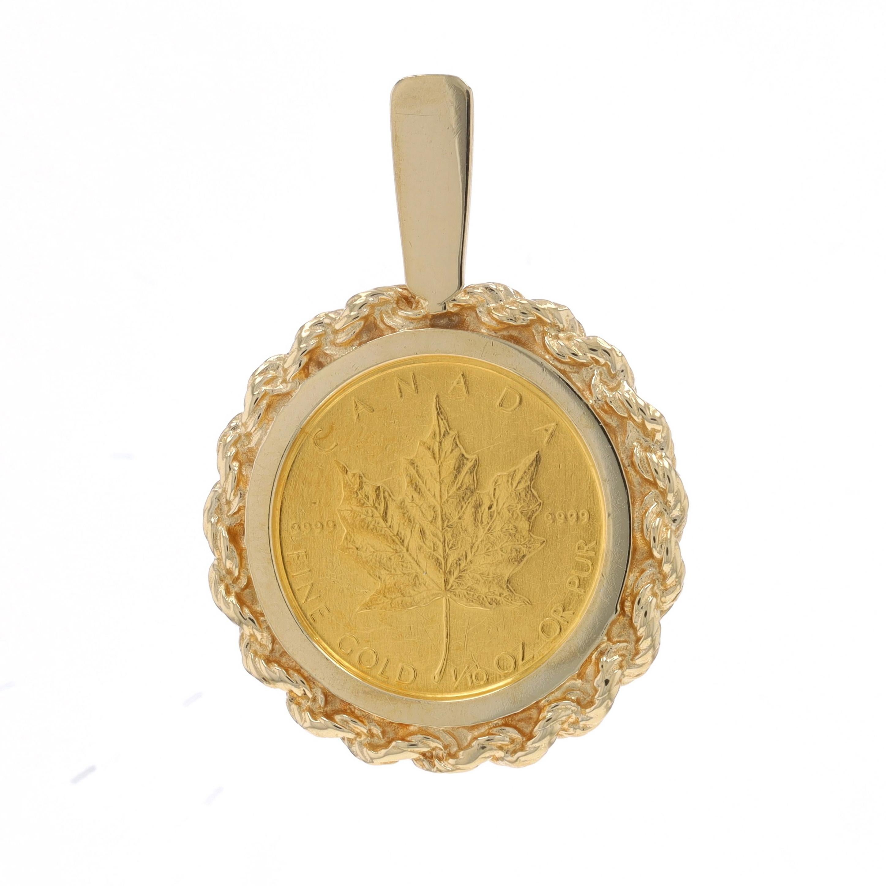 Metal Content: 14k Yellow Gold (pendant) & 1/10oz 999 Fine Gold (coin)

Theme: Currency
Features: Rope Border

Measurements
Tall (from stationary bail): 1 1/4