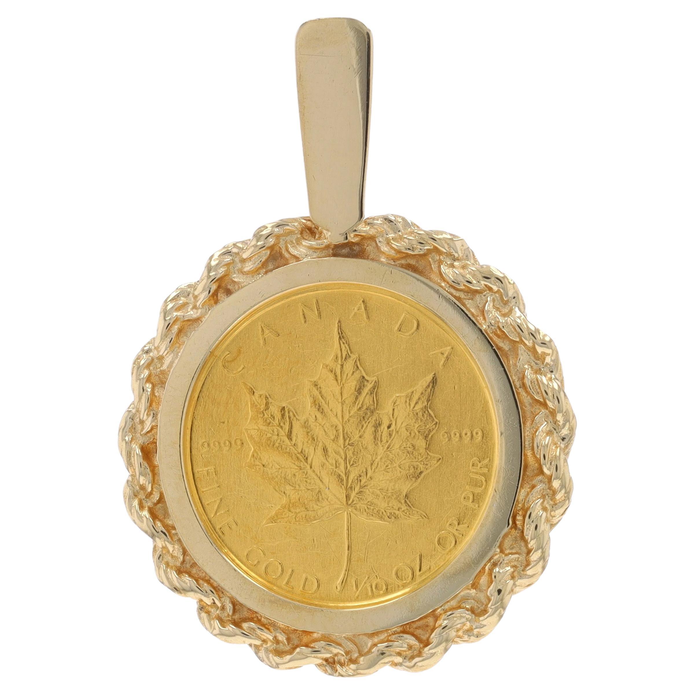 Yellow Gold Authentic 1985 Canadian $5 Maple Leaf Coin Pendant 14k & 1/10oz 999