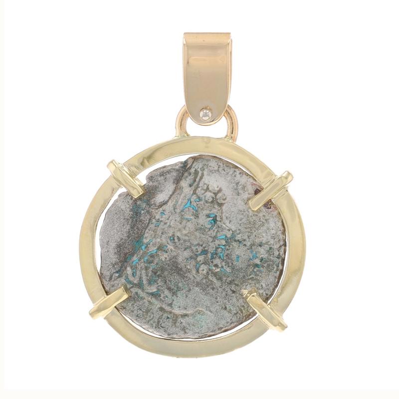 Metal Content: 14k Yellow Gold & Silver
Metal Note: Gold Pendant (new) with Silver Coin (ancient)

Style: Coin Pendant

Measurements
Tall (from stationary bail): 1