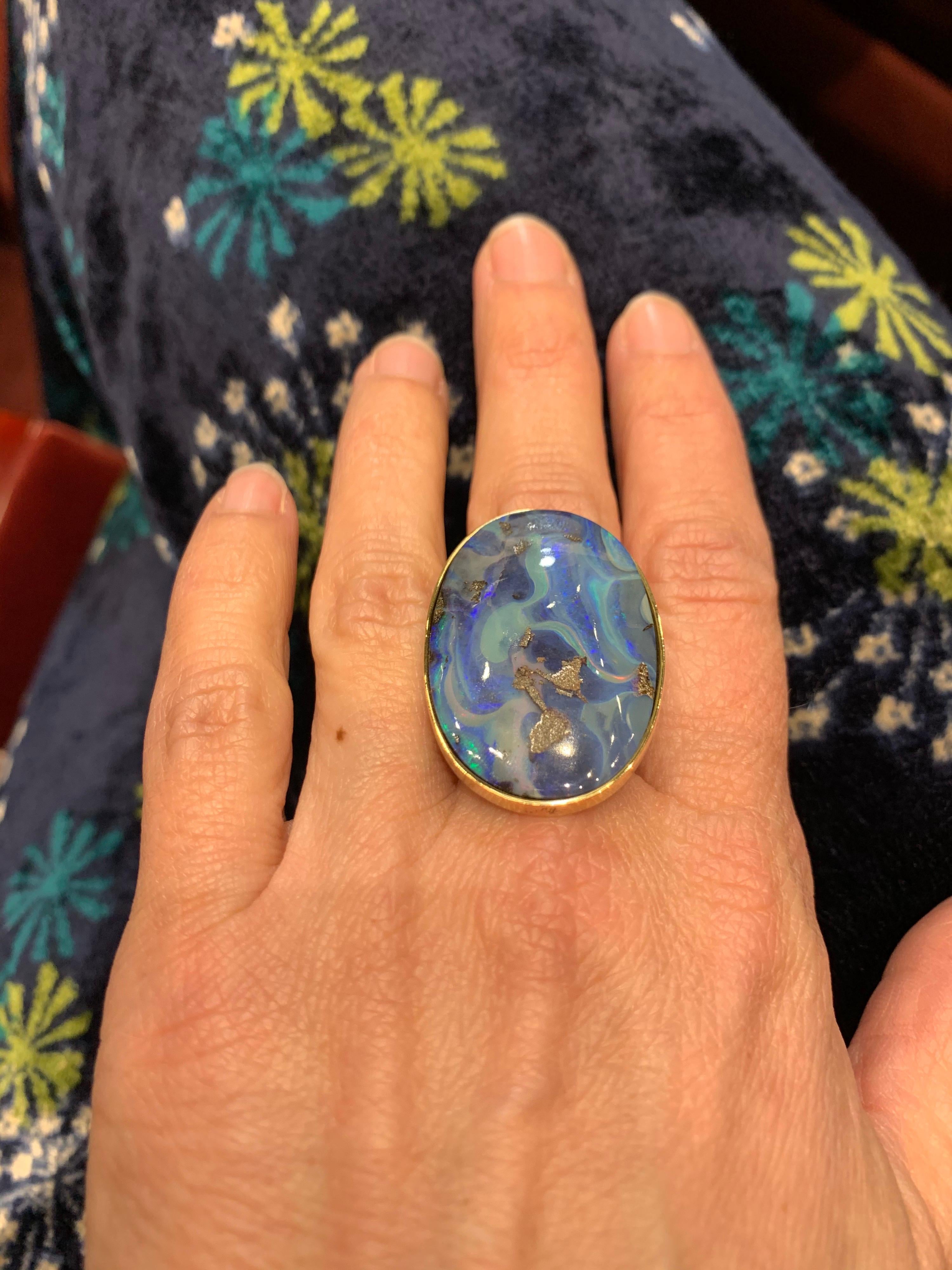 Women's or Men's Yellow Gold Autralian Boulder Opal Cocktail Ring For Sale