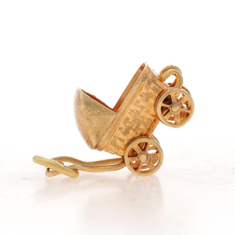 Yellow Gold Baby Carriage Charm - 10k Infant Pram Stroller Wheels Move In Excellent Condition For Sale In Greensboro, NC