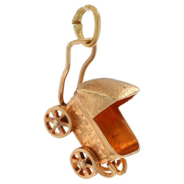 Yellow Gold Baby Carriage Charm - 10k Infant Pram Stroller Wheels Move For Sale