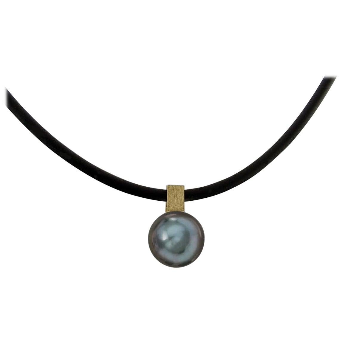 Yellow Gold Bail on Black Tahitian Pearl Pendant For Sale