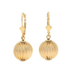 Yellow Gold Ball Dangle Earrings - 14k Ribbed Orb Pierced