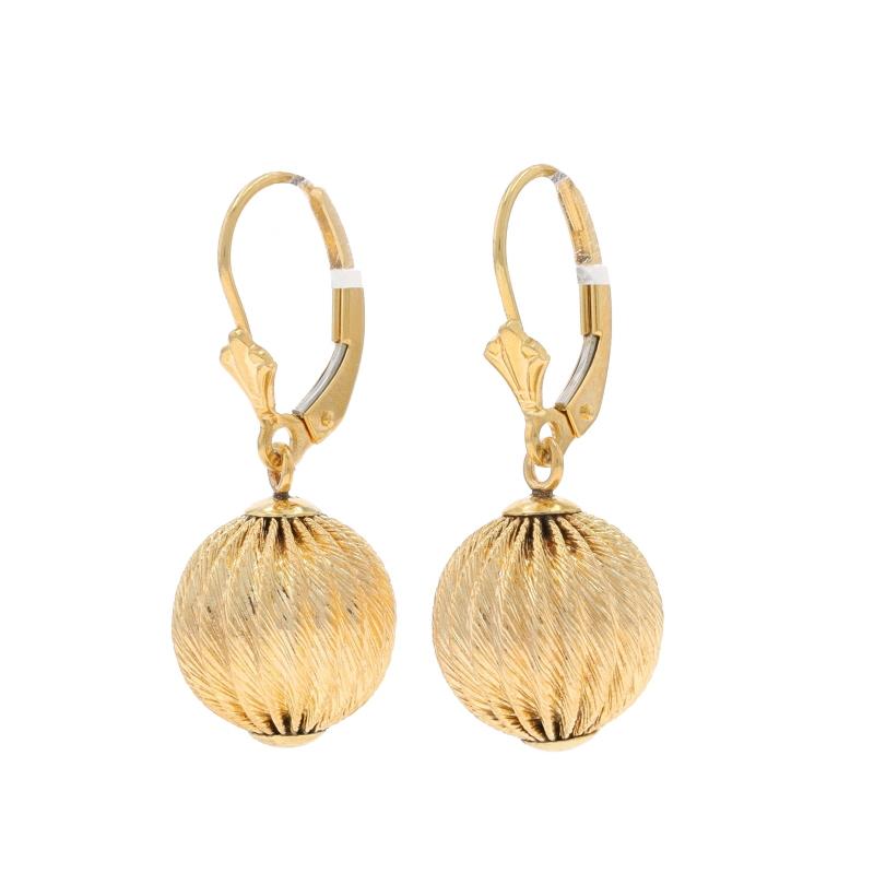 Yellow Gold Ball Dangle Earrings - 14k Ribbed Orb Pierced In Excellent Condition For Sale In Greensboro, NC