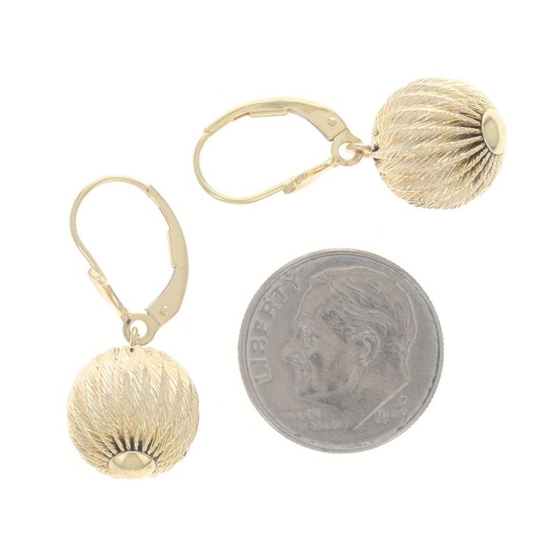 Women's Yellow Gold Ball Dangle Earrings - 14k Ribbed Orb Pierced For Sale