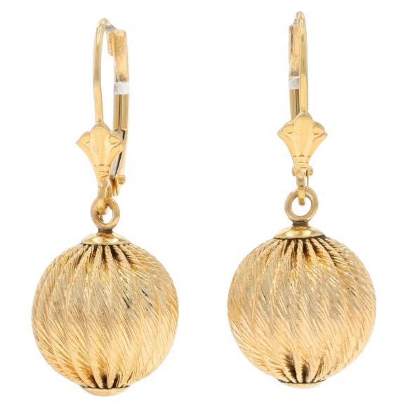 Yellow Gold Ball Dangle Earrings - 14k Ribbed Orb Pierced For Sale