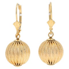 Yellow Gold Ball Dangle Earrings - 14k Ribbed Orb Pierced