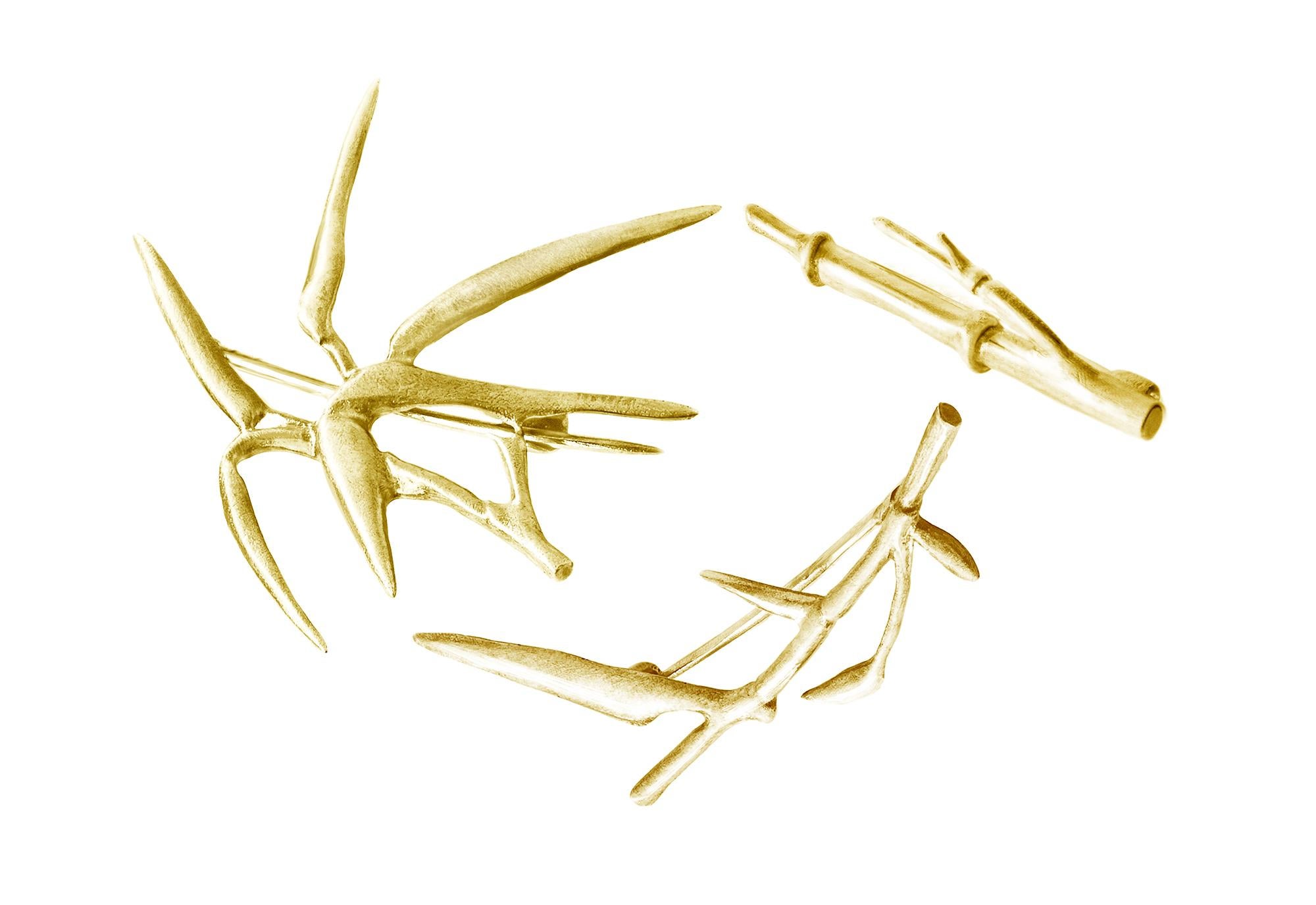 Yellow Gold Bamboo Brooch N2 by Artist Featured in Vogue Magazine For Sale 1