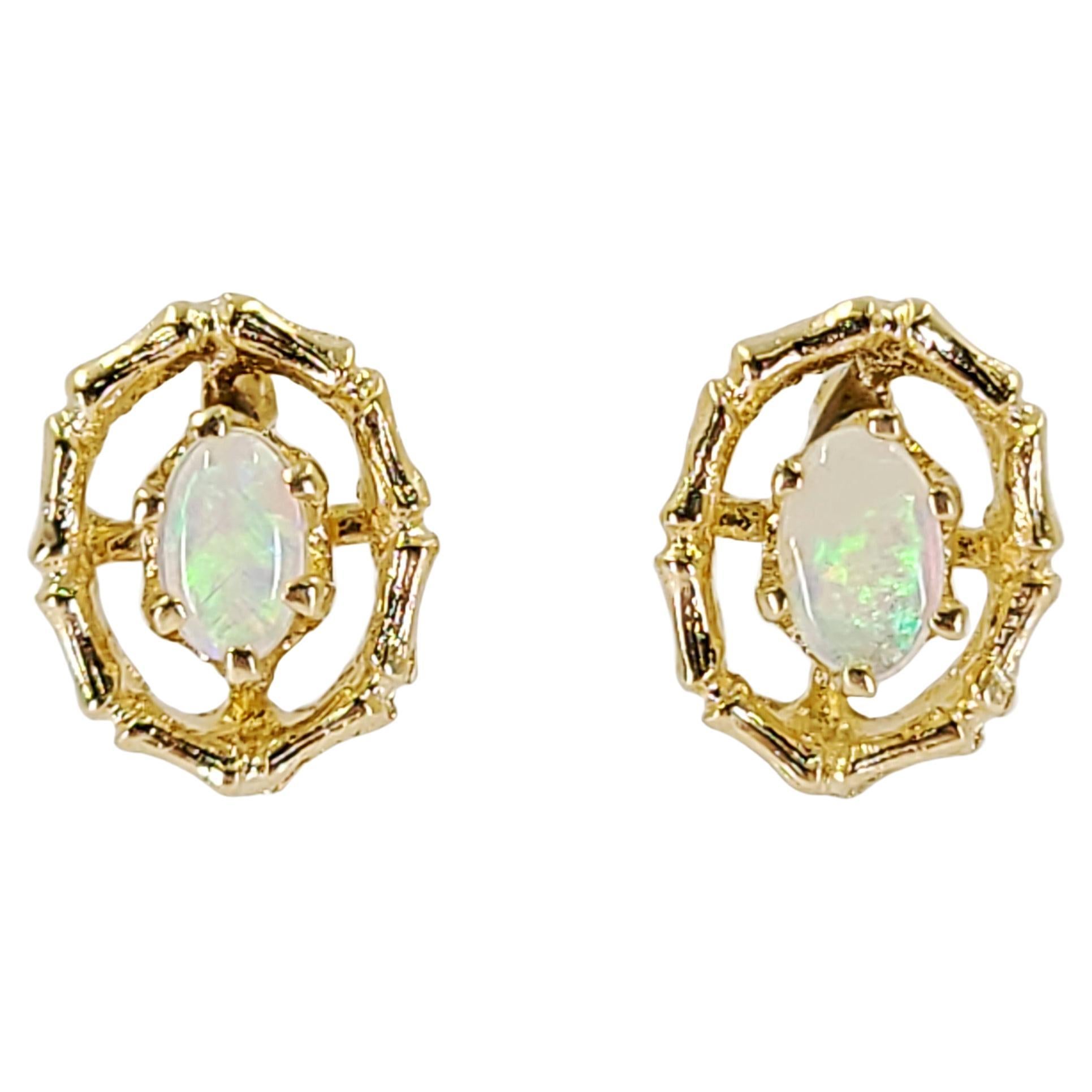 Yellow Gold Bamboo Design Oval Opal Stud Earrings