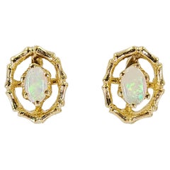 Retro Yellow Gold Bamboo Design Oval Opal Stud Earrings