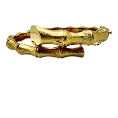 Yellow Gold Bamboo Motif Bypass Bangle Bracelet
