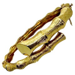 Yellow Gold Bamboo Motif Bypass Bangle Bracelet
