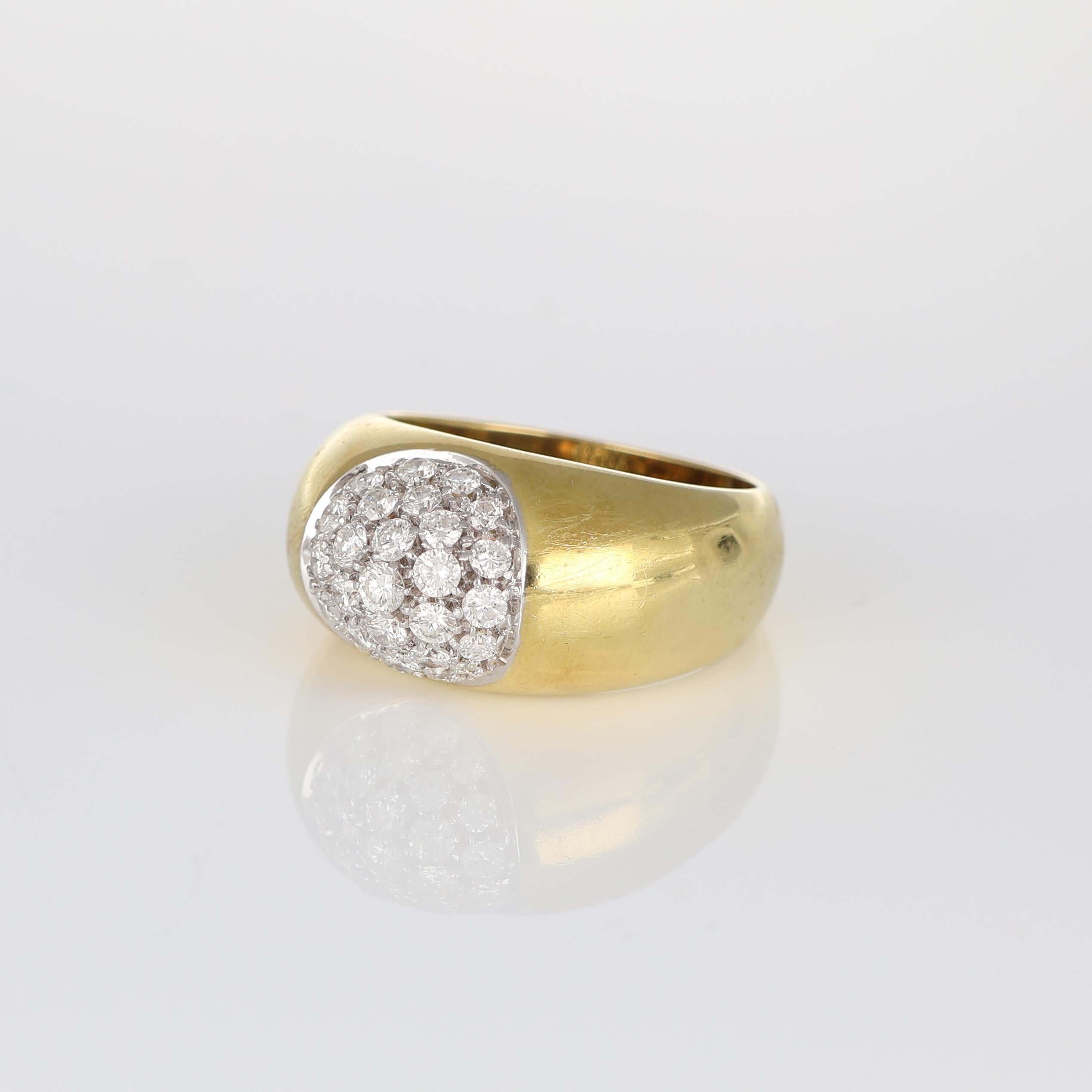 Brilliant Cut Yellow Gold Band Ring with Pavé Diamond Dome, 0.82 Carats For Sale