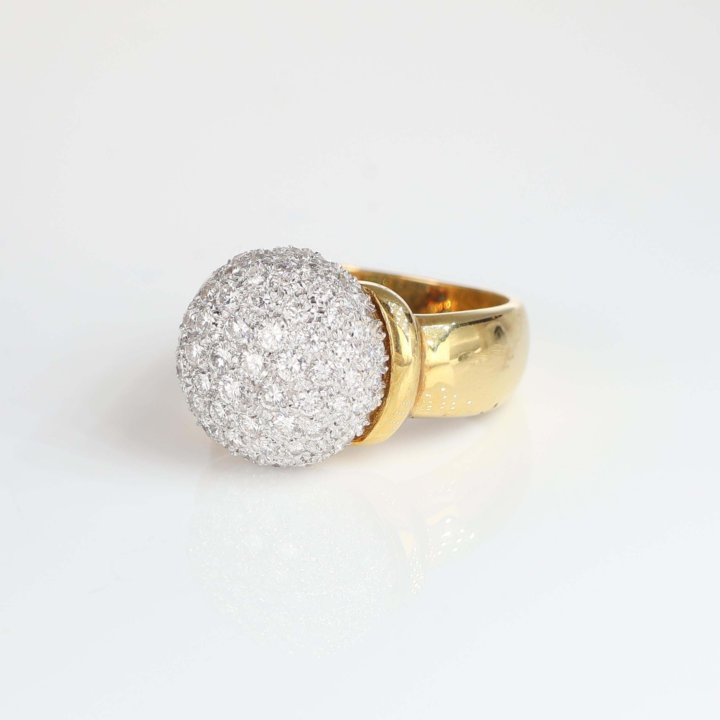 Brilliant Cut Yellow Gold Band Ring with Pavé Diamond Sphere, 1.50 Carats For Sale