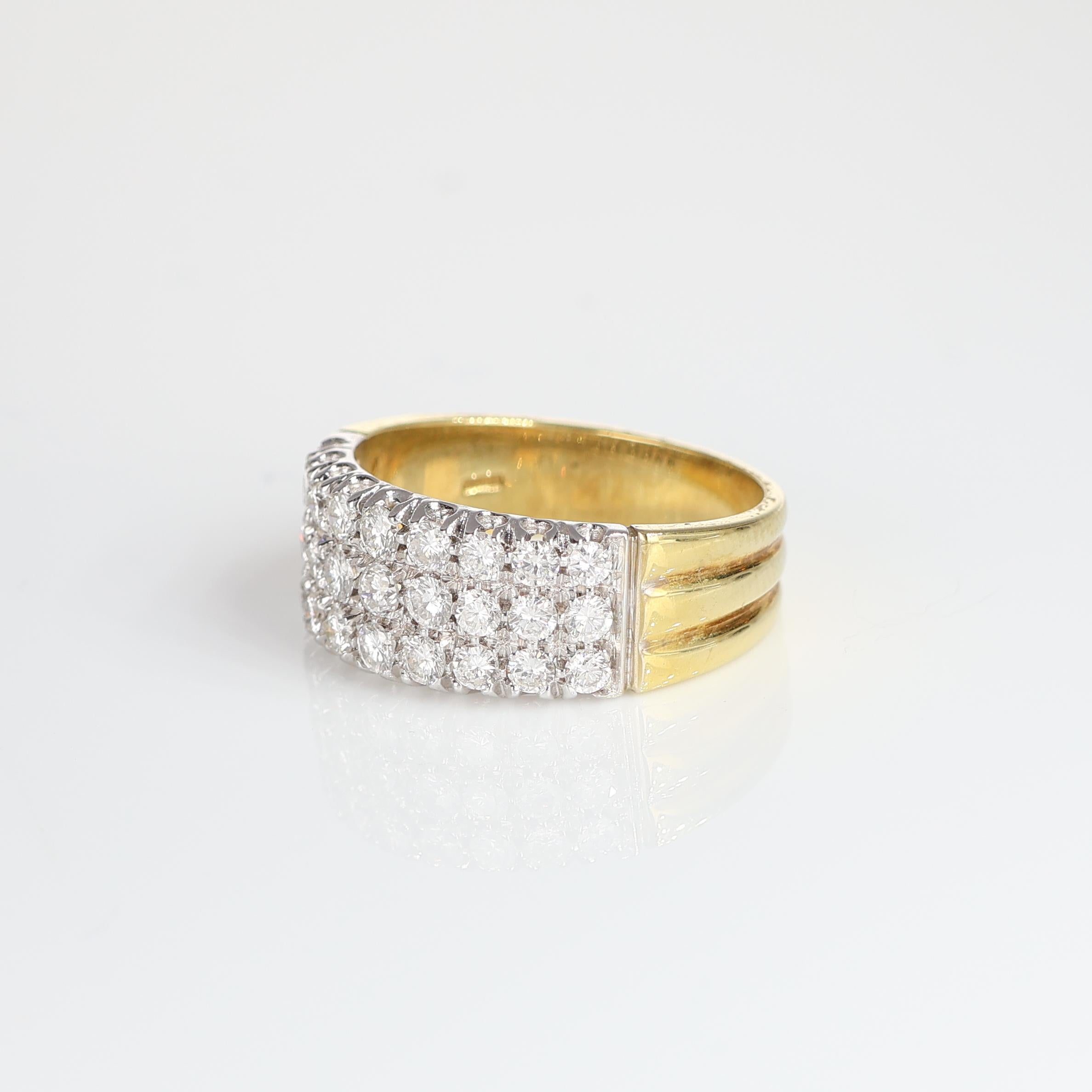 Brilliant Cut Yellow Gold Band Ring with Triple Row Diamond Pavé, 1.08 Carats For Sale