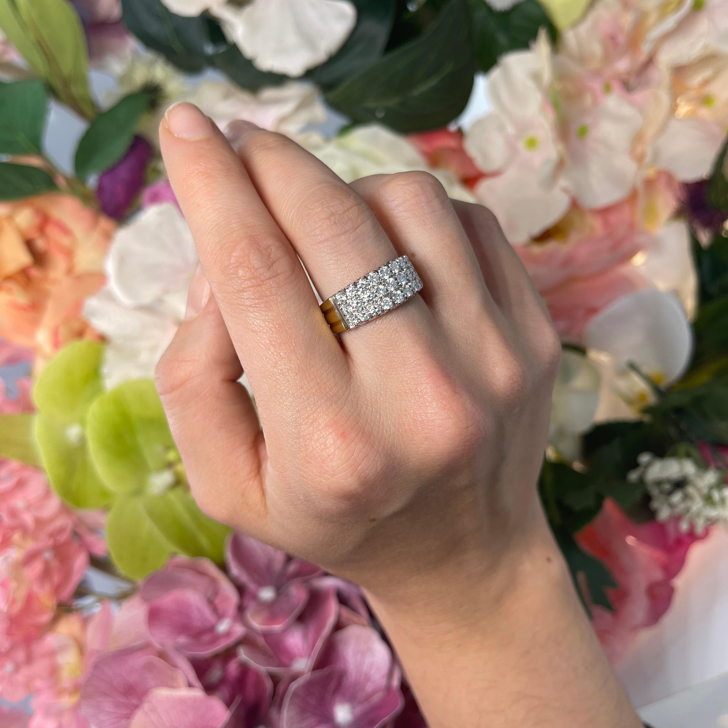 Yellow Gold Band Ring with Triple Row Diamond Pavé, 1.08 Carats For Sale 2
