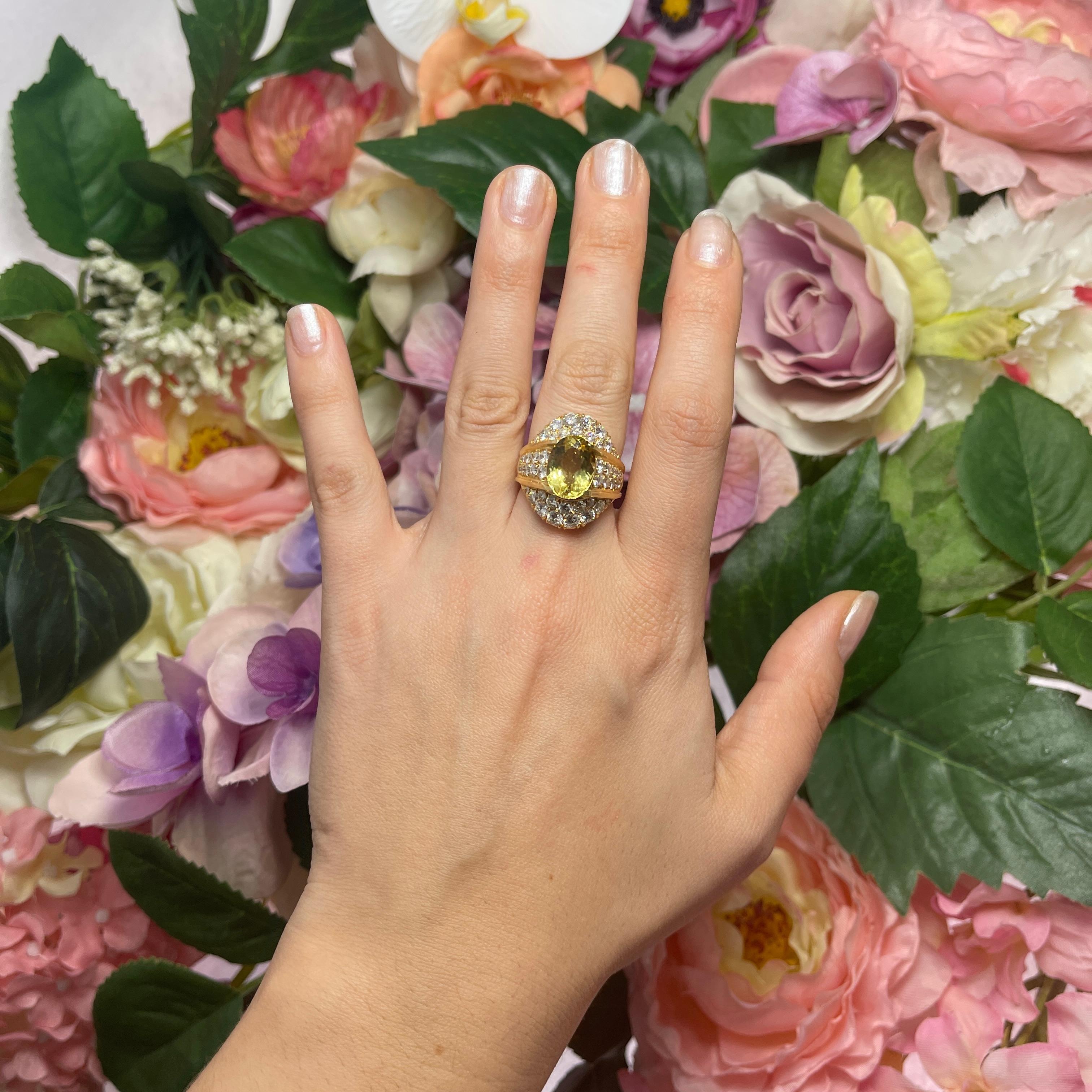 Yellow Gold Band Ring with White Diamonds and Heliodor For Sale 1