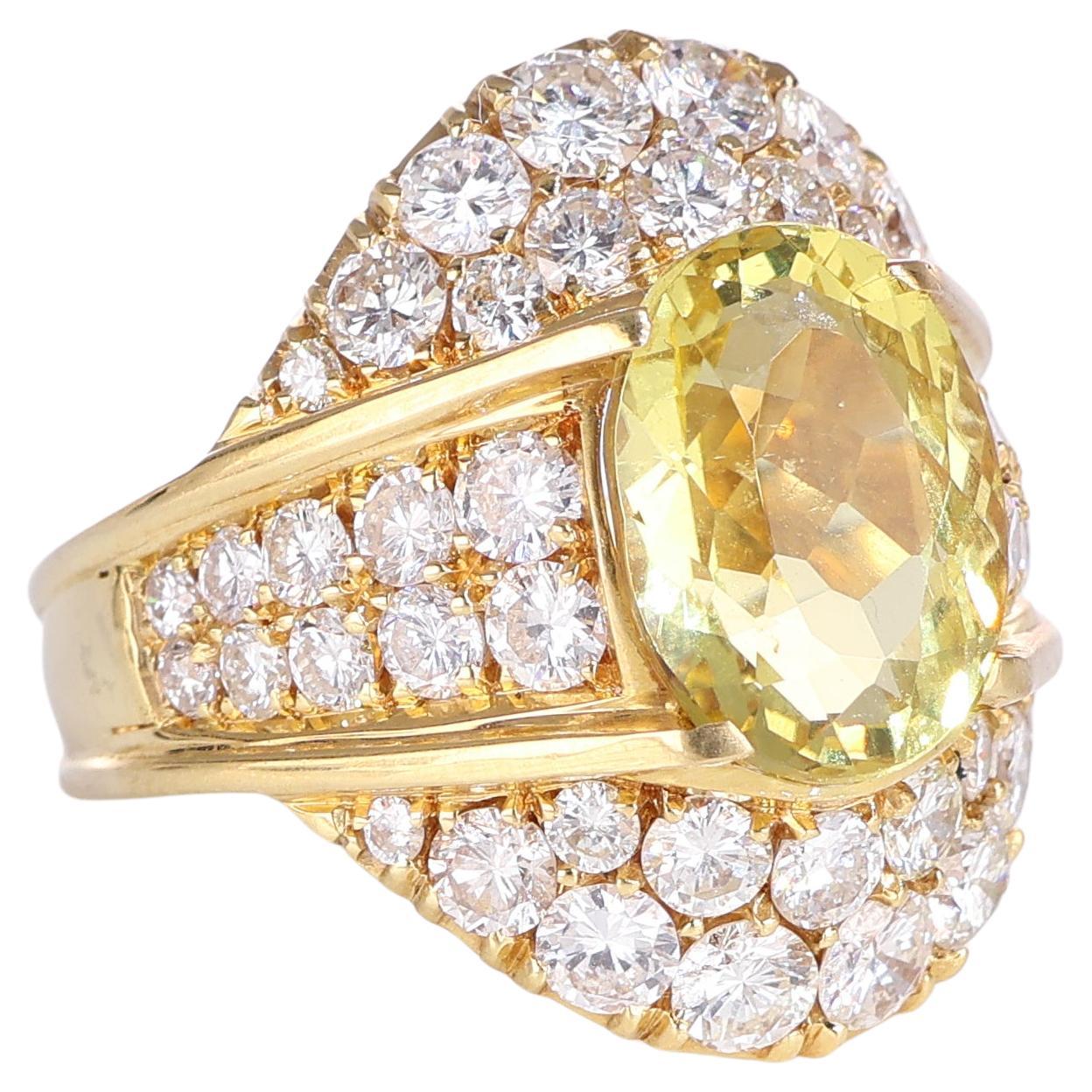 Yellow Gold Band Ring with White Diamonds and Heliodor For Sale