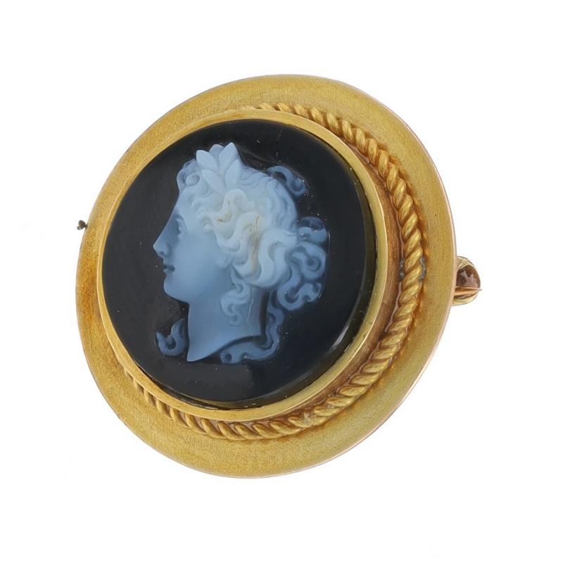 Era: Edwardian
Date: 1900s - 1910s

Metal Content: 14k Yellow Gold

Stone Information

Natural Banded Agate
Cut: Cameo
Color: Black & White
Diameter: 14.3mm

Style: Brooch
Fastening Type: Hinged Pin and Locking C-Clasp
Theme: Classical