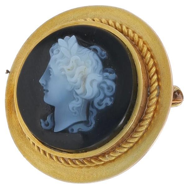 Yellow Gold Banded Agate Edwardian Silhouette Brooch - 14k Antique Cameo Pin For Sale