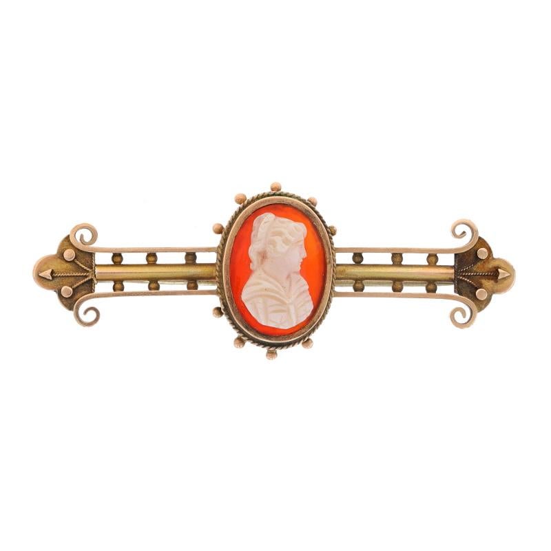 Yellow Gold Banded Agate/Hardstone Victorian Brooch - 10k Antique Cameo Pin In Good Condition For Sale In Greensboro, NC
