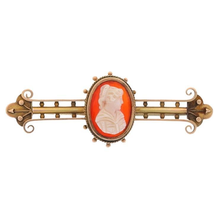 Yellow Gold Banded Agate/Hardstone Victorian Brooch - 10k Antique Cameo Pin