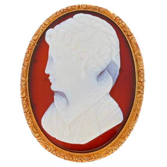 Broche Victoriano de Oro Amarillo con Banda de Agata/Piedra Dura - Alfiler Cameo Antiguo 14k