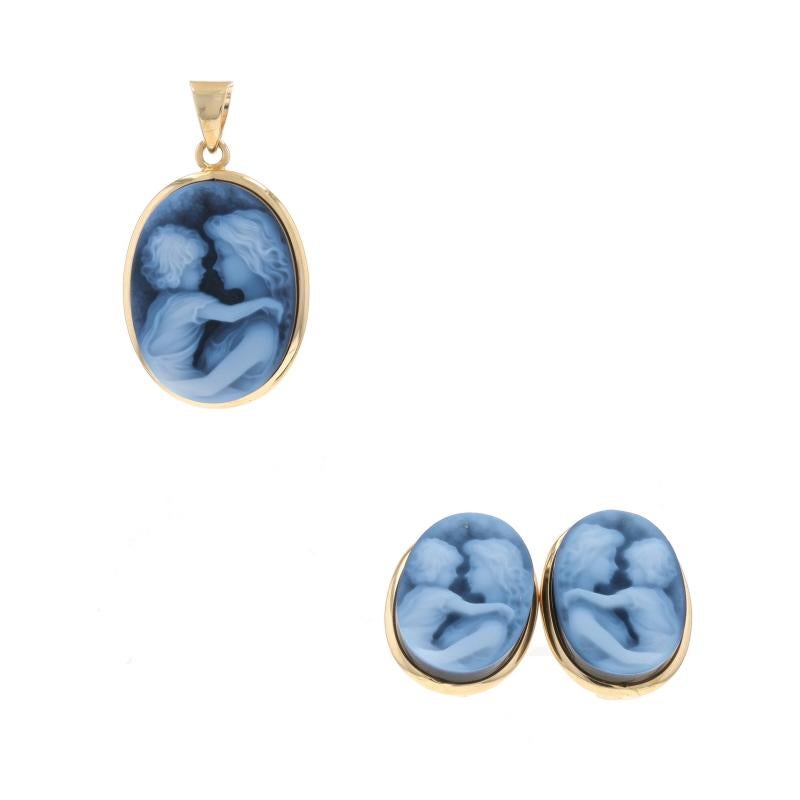 Metal Content: 14k Yellow Gold

Stone Information

Natural Banded Agate
Cut: Oval Cameo

Style: Large Stud
Fastening Type: Butterfly Closures
Theme: Mother & Child, Family

Measurements

Item 1: Earrings
Tall: 23/32