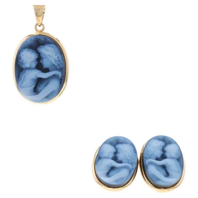 Yellow Gold Banded Agate Mother & Child Cameo Earrings & Pendant Set - 14k Mom For Sale