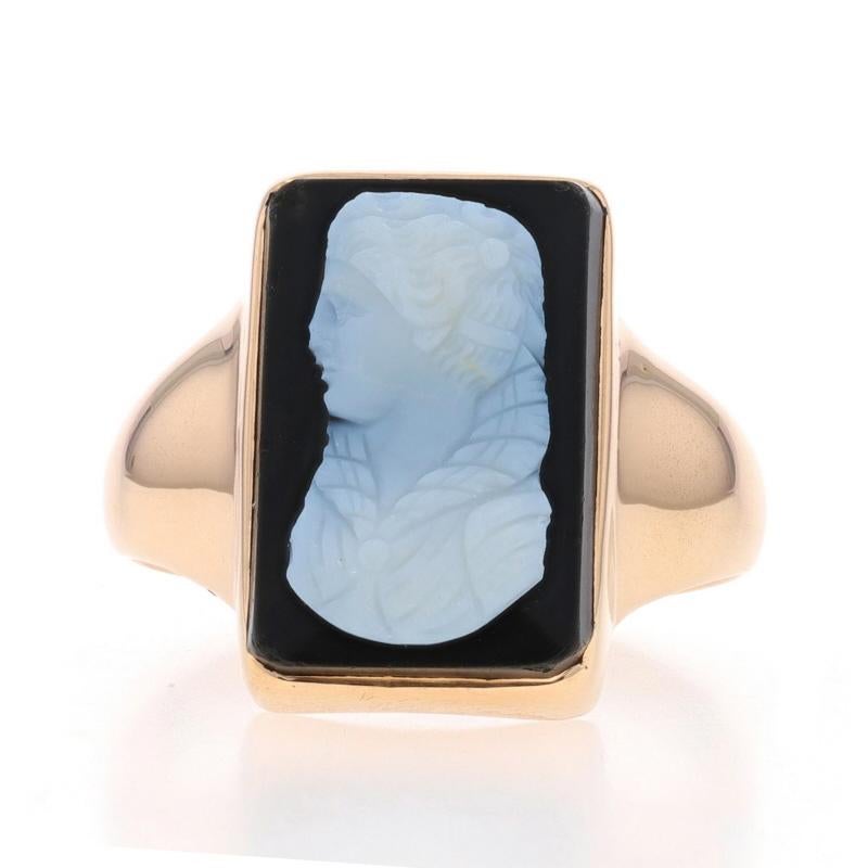 Size: 12
Sizing Fee: Up 1 size for $40 or Down 2 sizes for $30

Era: Vintage

Metal Content: 10k Yellow Gold

Stone Information

Natural Banded Agate
Cut: Carved Cameo
Color: Black & White
Size: 17.6mm x 11.7mm

Theme: Figural