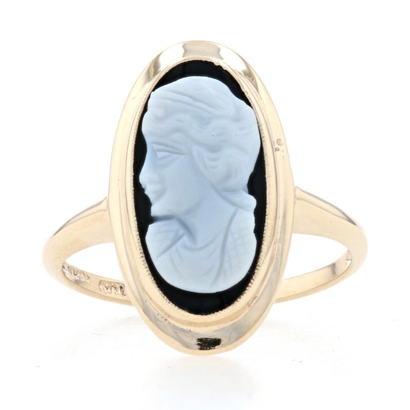 Size: 6 3/4
Sizing Fee: Down 2 for $30 or up 2 for $35

Era: Vintage

Metal Content: 10k Yellow Gold

Stone Information
Natural Banded Agate
Cut: Cameo
Colors: Black & White

Theme: Silhouette 
Features: Milgrain Detailing

Measurements
Face Height