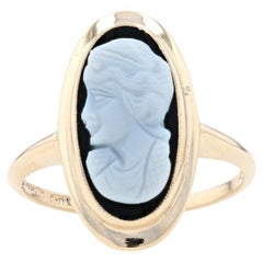 Yellow Gold Banded Agate Vintage Ring - 10k Cameo Silhouette Milgrain