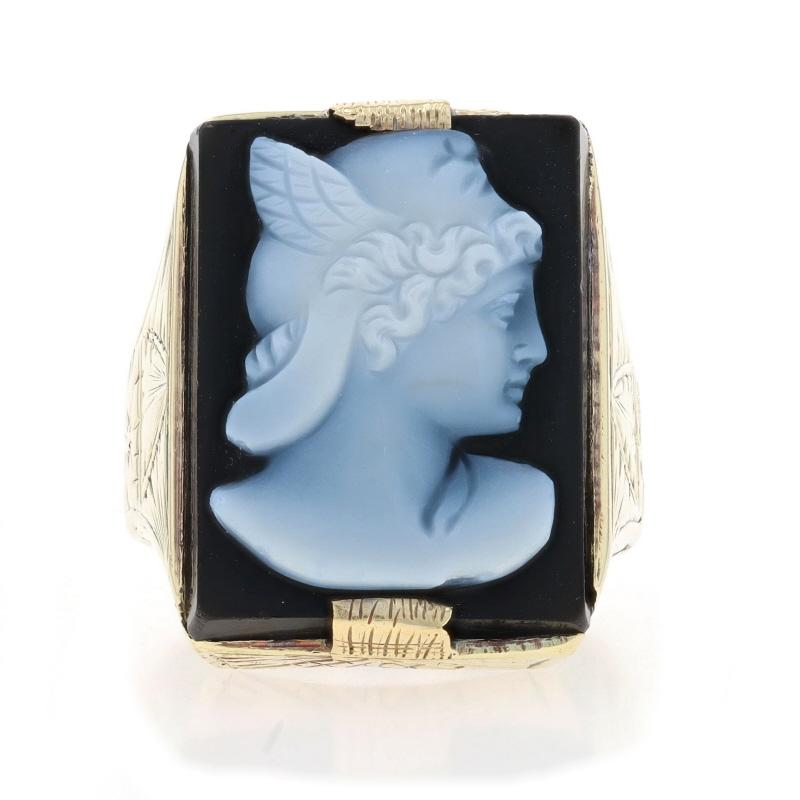 Size: 5 1/2
Sizing Fee: Up 2 1/2 sizes for $60 or Down 1/2 a size for $40

Design:  Greek god Hermes
Era: Art Deco
Date: 1920s - 1930s

Metal Content: 14k Yellow Gold

Stone Information
Natural Banged Agate
Cut: Cameo
Color: Black & White
Size: