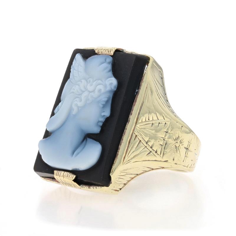 Women's Yellow Gold Banged Agate Art Deco Greek god Hermes Men's Ring 14k MythologyCameo For Sale