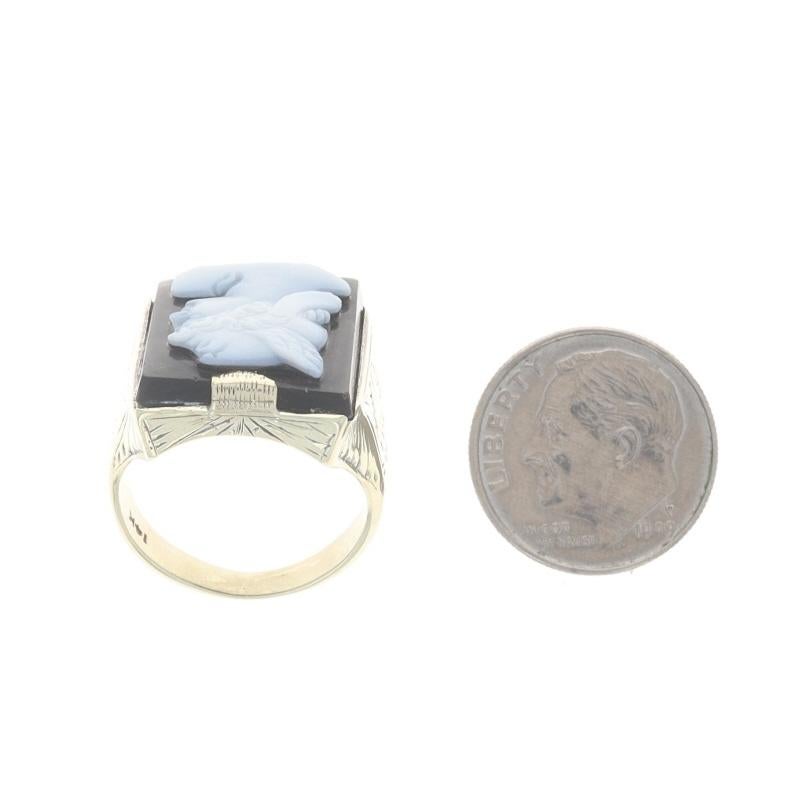 Yellow Gold Banged Agate Art Deco Greek god Hermes Men's Ring 14k MythologyCameo For Sale 2