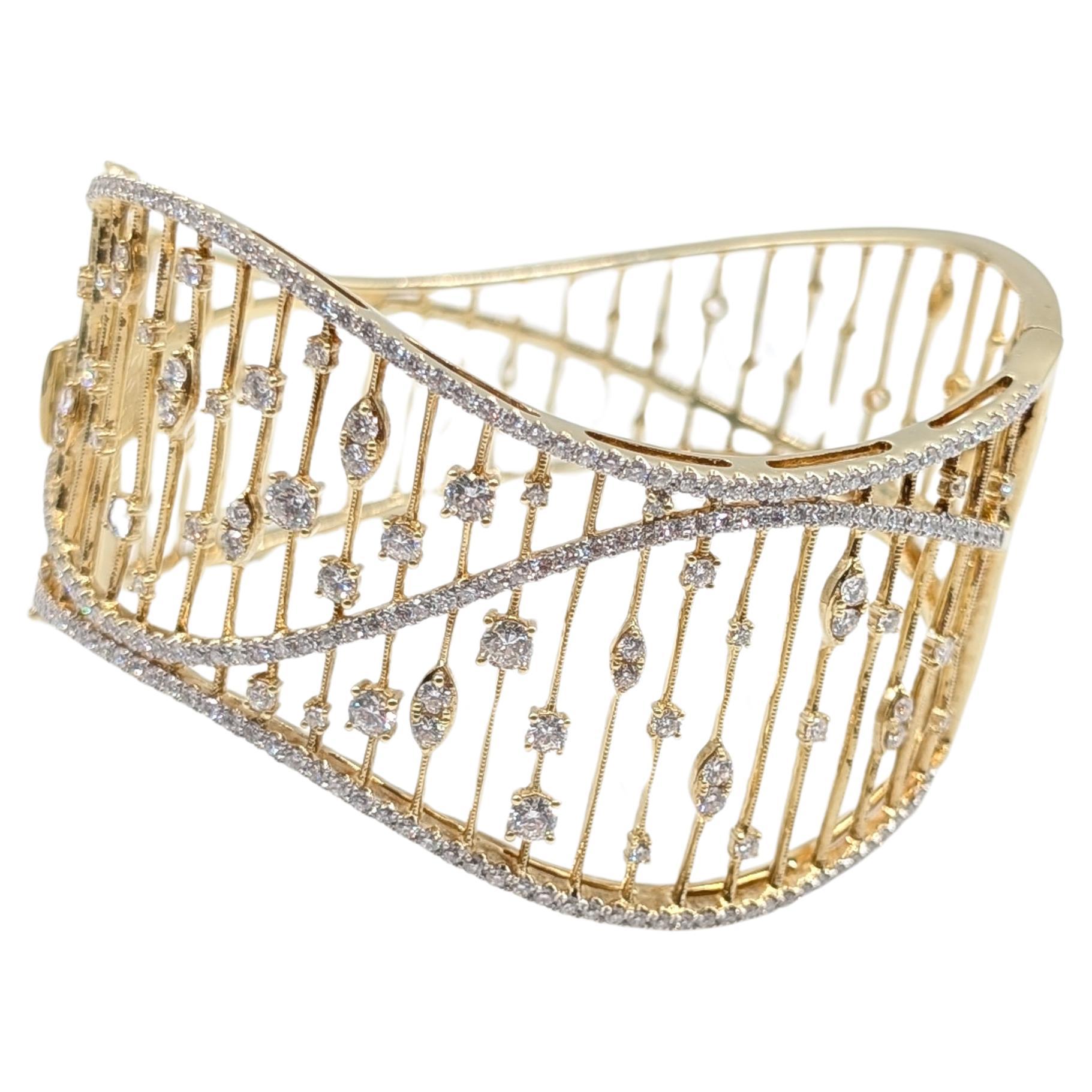 Yellow Gold Bangle Cuff with 3.57cts in Natural Round Brilliant Cut Diamonds For Sale