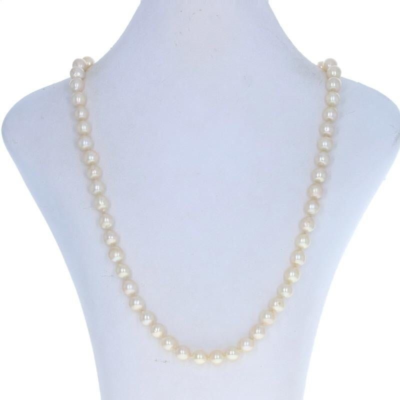 Metal Content: 14k Yellow Gold

Stone Information
Genuine Baroque Akoya Pearls
 Pearl Size Range: 7.4mm - 7.9mm

Necklace Style: Knotted Strand 
Fastening Type: Fishhook Clasp

Measurements
Length: 34